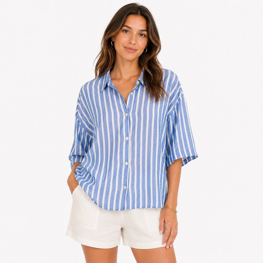 H&M Linen Button Up Top Women XS Blue White Striped Coastal Summer Shirt